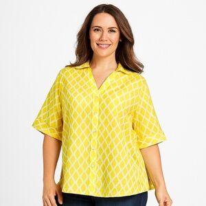 Talbots lattice Print Short Sleeve Blouse Yellow Size 10